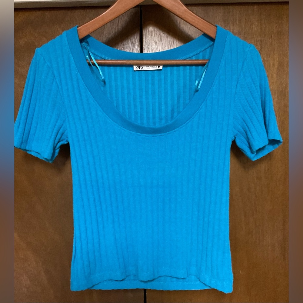 Zara Scoop Neck Rib Crop Top Electric Blue Small